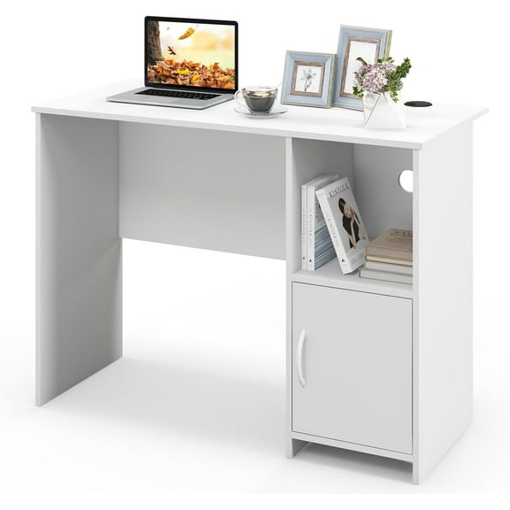 GOFLAME Modern Computer Desk with Cabinet, Writing Study Desk with Cable Holes & Open Shelf, Laptop PC Desk with Storage, Compact Computer Workstation for Home Office, White