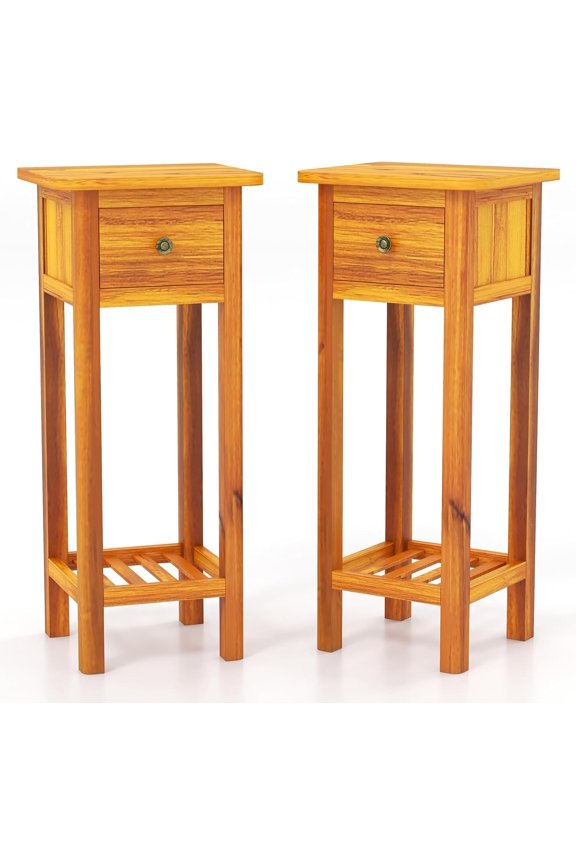 GOFLAME Narrow Side Table Set of 2, Small End Table with Drawer & Shelf, Farmhouse Acacia Wood Tall Sofa Side Table, Slim Nightstand Bedside Table for Small Space Living Room, No Assembly, Natural