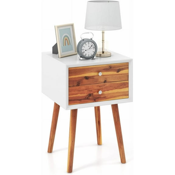 GOFLAME Nightstand with 2 Drawers, Small Wooden Side Table, Mid Century Modern Bedside Table with Storage, Compact End Table for Bedroom, Easy Assembly, White & Natural