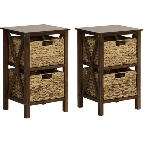 GOFLAME Nightstand Set of 2 with 2 Wicker Storage Baskets, Sofa Side Table with Rubber Wood X-Shaped Frames & Acacia Wood Legs, Bedside Table, End Table for Bedroom, Small Space