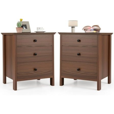 GOFLAME Nightstand Set of 2 with 3 Drawers, Modern Sofa Side Table with Storage, Wooden End Table, Compact Storage Cabinet, Small Bedside Table for Bedroom, Walnut