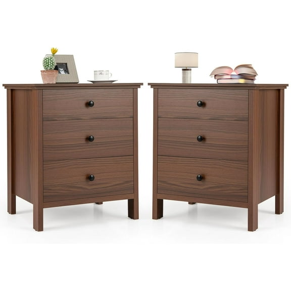 GOFLAME Nightstand Set of 2 with 3 Drawers, Modern Sofa Side Table with Storage, Wooden End Table, Compact Storage Cabinet, Small Bedside Table for Bedroom, Walnut