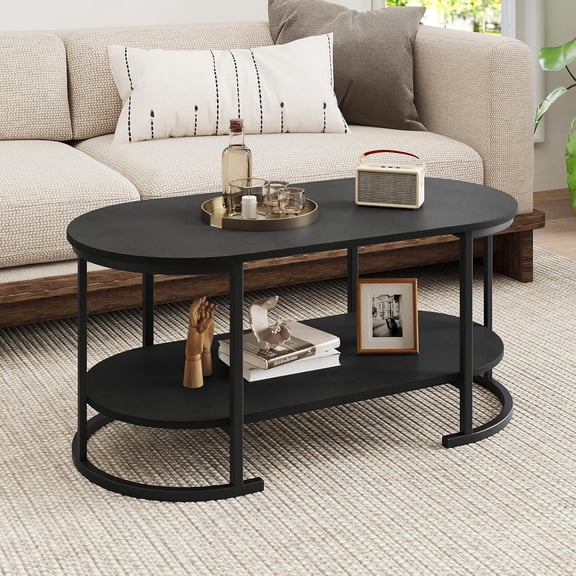 GOFLAME Oval Coffee Table with Storage, 2-Tier Wood Center Table for Living Room with Open Shelf, Metal Frame, Modern Tea Table for Small Spaces, Reception Room, Apartment, Black