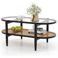 thumbnail image 1 of GOFLAME Rattan Coffee Table with Storage, 40” Wood Oval Coffee Table with Tempered Glass Tabletop & PE Rattan Shelf, 2-Tier Antique Boho Center Table for Living Room, Reception Room, Black, 1 of 9