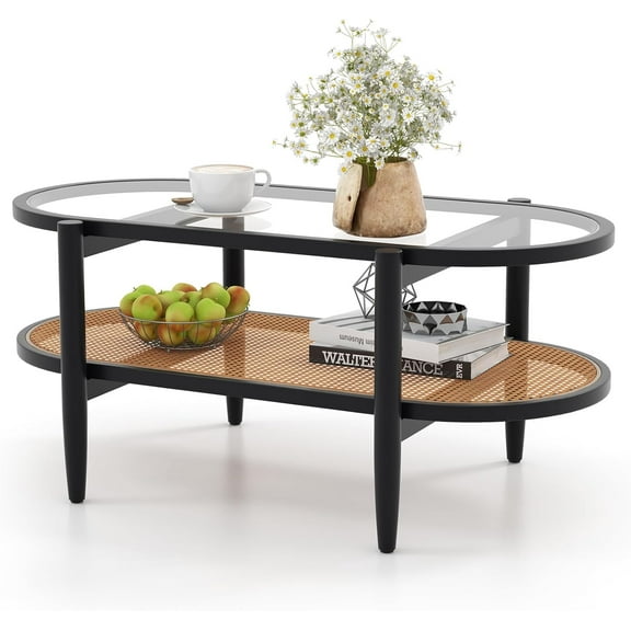 GOFLAME Rattan Coffee Table with Storage, 40” Wood Oval Coffee Table with Tempered Glass Tabletop & PE Rattan Shelf, 2-Tier Antique Boho Center Table for Living Room, Reception Room, Black