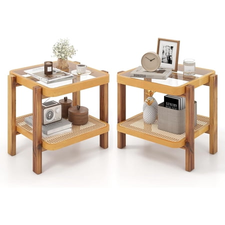 GOFLAME Rattan End Table Set of 2, Boho Nightstand with Tempered Glass Top, Rattan Storage Shelf, Solid Wood Legs, Sofa Side Accent Table, 2 Tier Glass Side Table for Living Room, Bedroom, Natural