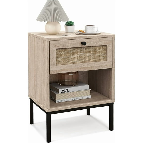 GOFLAME Rattan Nightstand, Boho Bedside Table with Drawer & Open Shelf, Wooden End Table with Metal Legs, Farmhouse Sofa Side Table for Bedroom and Small Spaces, Oak