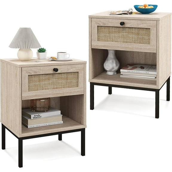 GOFLAME Rattan Nightstand Set of 2, Boho Bedside Table with Drawer & Open Shelf, Wooden End Table with Metal Legs, Farmhouse Sofa Side Table for Bedroom and Small Spaces, Oak