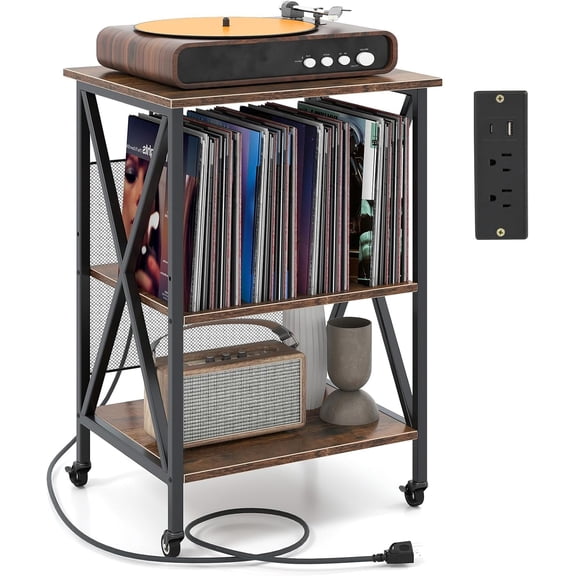 GOFLAME Record Player Stand with Power Outlet, 3-Tier Industrial Rolling Turntable Stand with 3 Vinyl Record Storage Dividers, Adjustable Shelf & Wheels for Living Room, Bedroom, Rustic Brown