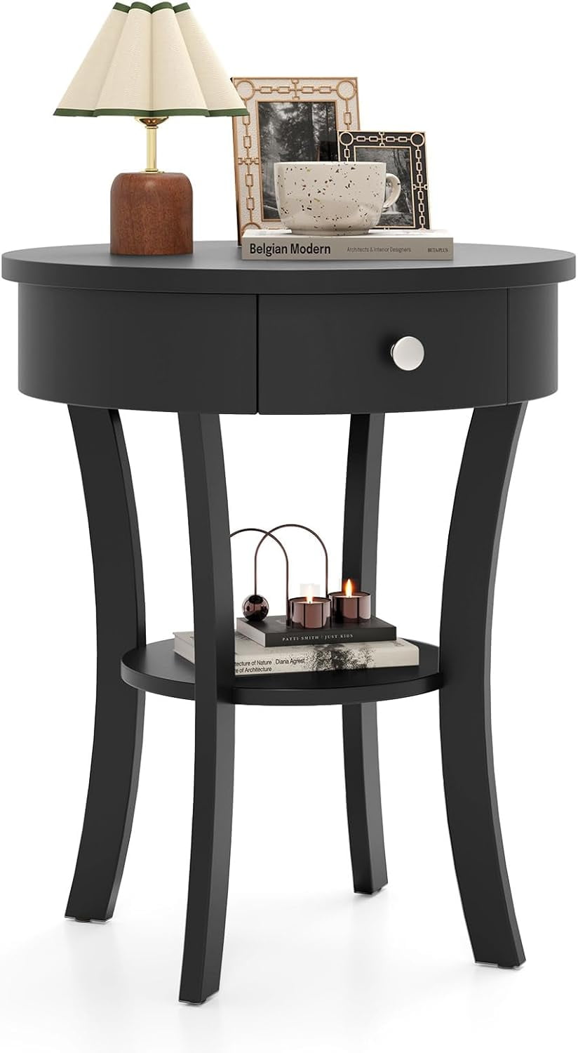 GOFLAME Round End Table with Drawer, 2-Tier Sofa Side Table with Solid ...