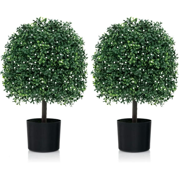 GOFLAME Set of 2 Artificial Boxwood Topiary Ball Trees, 21.5" Faux Bushes Potted with PE Leaves and White Flowers, Cement Filled Base, Fake Evergreen Shrubs for Home, Office, Porch Decoration