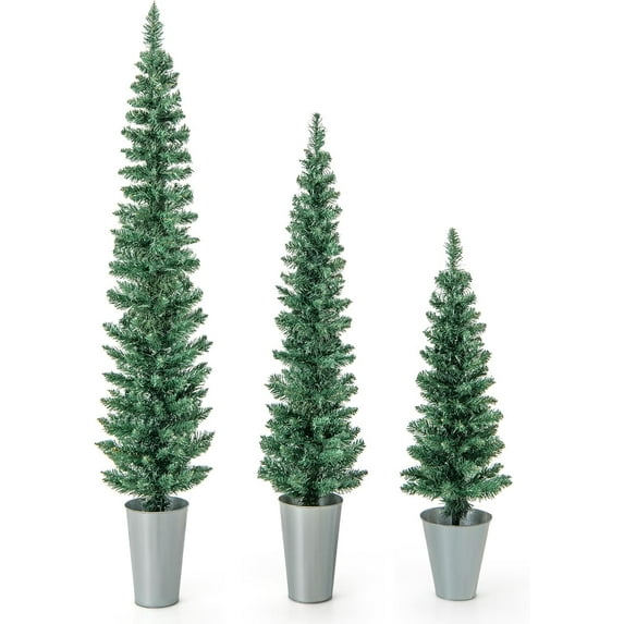 GOFLAME Set of 3 Potted Christmas Tree, 3’ 4’ 5’ Slim Pencil Trees with 120, 140, 160 Branch Tips & Cement-Filled Metal Bases, Artificial Entrance Xmas Trees for Porch, Front Door, Entryway