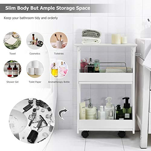 GOFLAME Slim Bathroom Storage Cart, Wooden Storage Shelf with Towel Bar ...