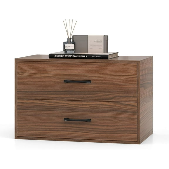 GOFLAME Stackable 2-Drawer Dresser, Wood Horizontal Storage Organizer with Metal Handle & Smooth Sliders, Lateral File Cabinet with Anti-tilt Kit for Bedroom Office, Walnut