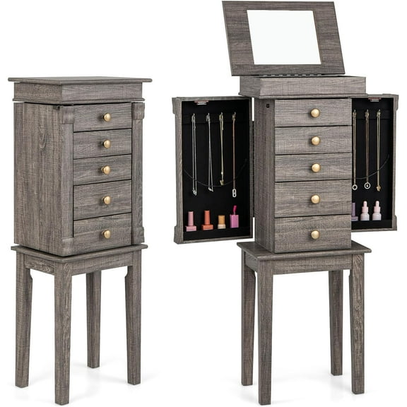 GOFLAME Standing Jewelry Armoire, Jewelry Storage Cabinet with Flip Top Makeup Mirror, 5 Drawers, 2 Side Doors, 8 Necklace Hooks, Solid Wood Legs, Jewelry Cabinet Organizer for Bedroom, Dressing Room