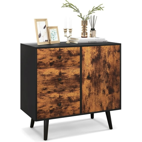GOFLAME Storage Cabinet with Door & 3 Drawers, Mid-Century Floor Cabinet with Adjustable Shelf, Wooden Buffet Table Sideboard, Multipurpose Storage Organizer for Living Room, Dining Room