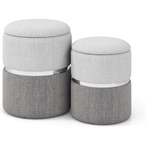GOFLAME Storage Ottoman Set of 2,Modern Round Ottoman with Storage, Upholstered Linen Fabric Footrest with Sliver Hoop, Vanity Stool Chair, Stackable Footstool for Living Room, Bedroom, Silver & Grey