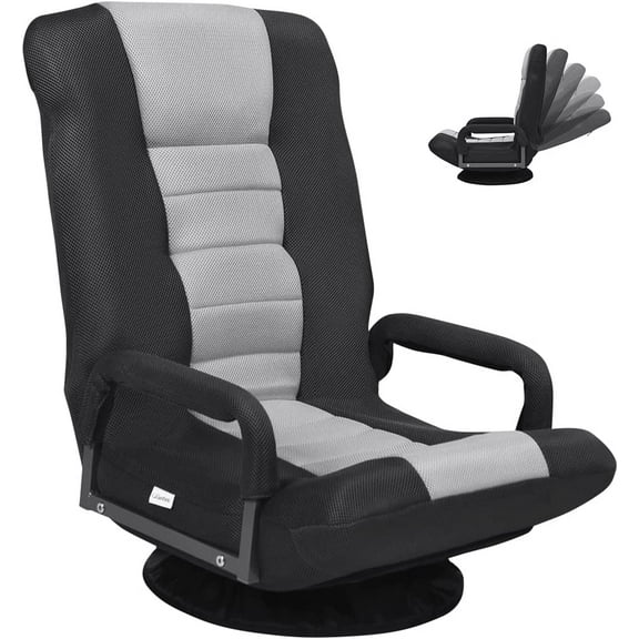 GOFLAME Swivel Gaming Floor Chair, 360 Degree Folding Chair with Adjustable 6-Position Backrest and Armrest, Lazy Sofa Lounger for TV, Reading, Playing Video Games (Black/Grey)