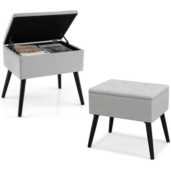 GOFLAME Vanity Stool Chair with Storage Set of 2, Velvet Ottoman Foot Rest with Solid Wood Legs & Flip-Up Padded Seat, Modern Shoe Changing Stool for Makeup Room, Entryway, Bedroom, Grey