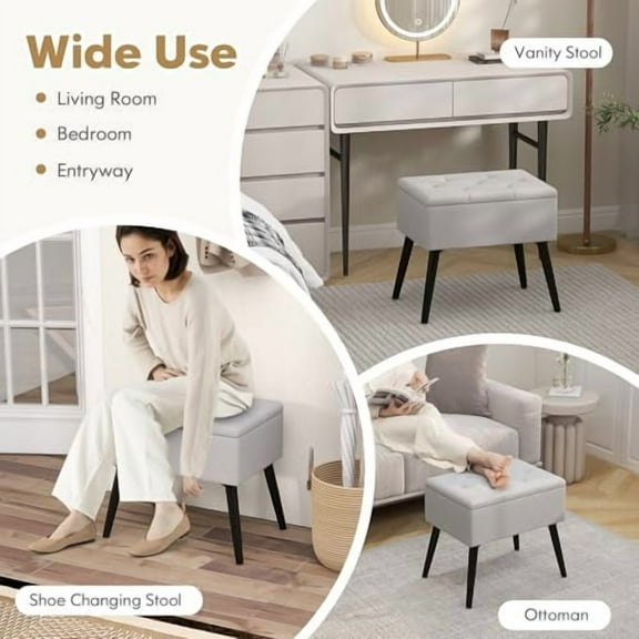 GOFLAME Vanity Stool Chair with Storage, Velvet Ottoman Foot Rest with Solid Wood Legs & Flip-Up Padded Seat, Modern Shoe Changing Stool for Makeup Room, Entryway, Bedroom, Grey