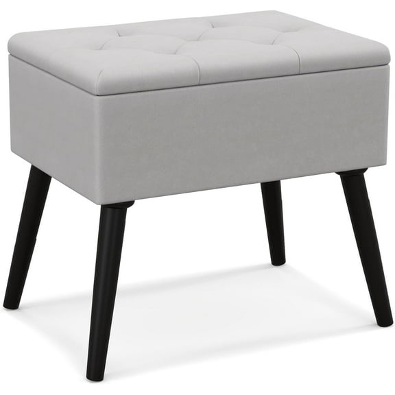 GOFLAME Vanity Stool Chair with Storage, Velvet Ottoman Foot Rest with Solid Wood Legs & Flip-Up Padded Seat, Modern Shoe Changing Stool for Makeup Room, Entryway, Bedroom, Grey
