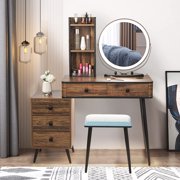 GOFLAME Vanity Table Set with 3-Color Lighted Mirror, Makeup Table and Cushioned Stool Set with Drawers, Acrylic Cosmetic Tray, 3-in-1 Charging Station, Dressing Table with Human Body Induction,Brown