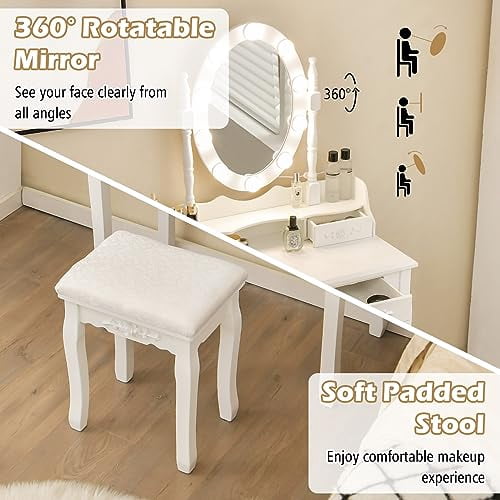 GOFLAME Vanity Desk Set With Lighted Rotating Mirror & Stool - 3-Color Lights, Adjustable Brightness, 4 Drawers For Bedroom (Brown)