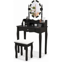 GOFLAME Vanity Table Set with Rotatable Mirror, Makeup Vanity Desk with 3-Color Dimmable LED Lights, 3 Drawers and Cushioned Stool, Dressing Table Set for Bedroom Studio (Black)