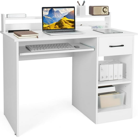GOFLAME White Computer Desk, Home Office Desk with Large Drawers, Hutch, Keyboard Tray, 5-Position Adjustable Open Shelves, Easy Assembly, Writing Desk for Bedroom, Small Space, Living Room, White