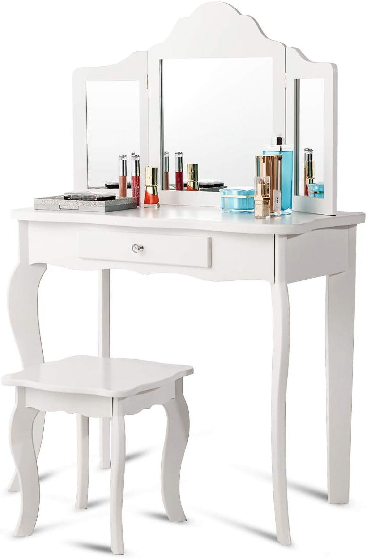 GOFLAME Pink Kids Vanity Table With Triple Mirror & Stool - Writing Desk With Detachable Top, E1 MDF & Wood