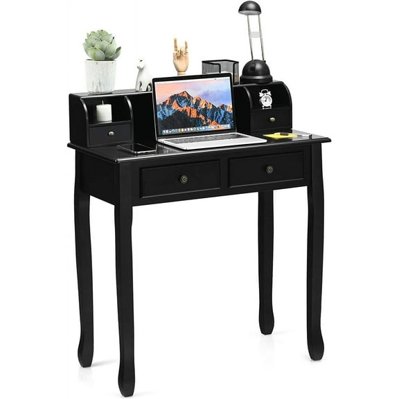 GOFLAME Writing Desk, Large Storage Space with 4 Drawers, Secretary Table Computer Desk Writing Table with Detachable Tabletop Organizer, Suit for Home and Office Use (Black)