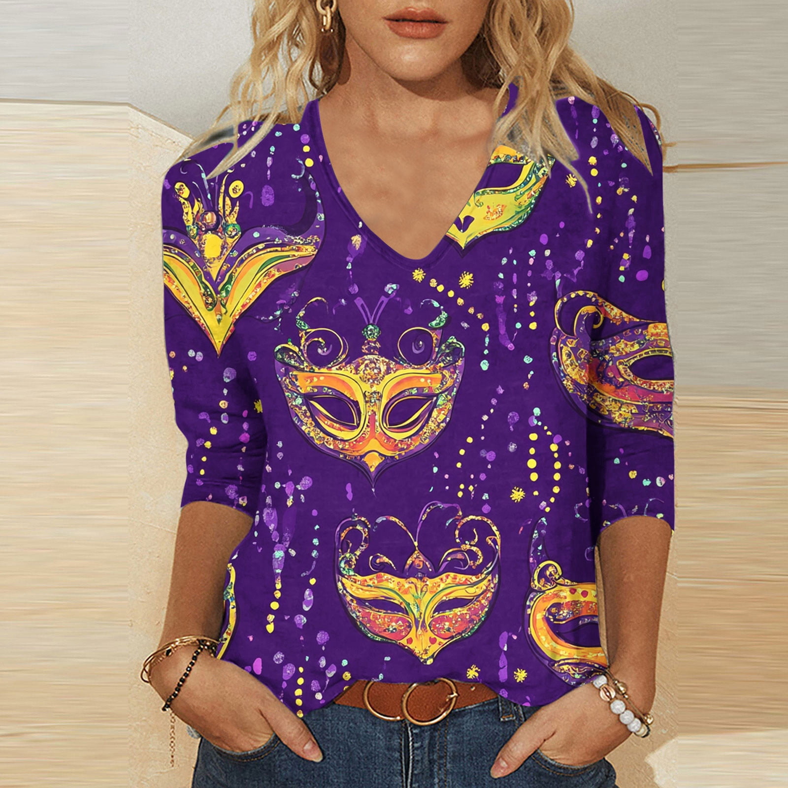 GOFLIC 2025 3/4 Sleeve Shirt for Women Mardi Gras Fancy Blouse Carnival