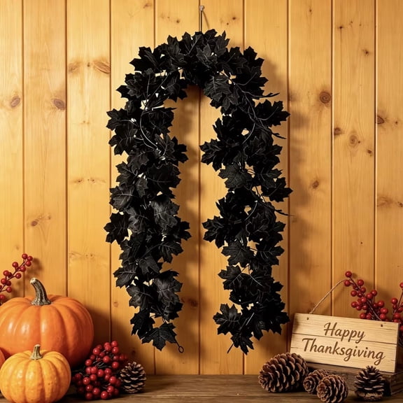 GOFLIC Artificial Black Fall Maple Leaf Garland 70inch, Hanging Leaf Garland for Fireplace Mantel Stairway Halloween & Thanksgiving Decorations