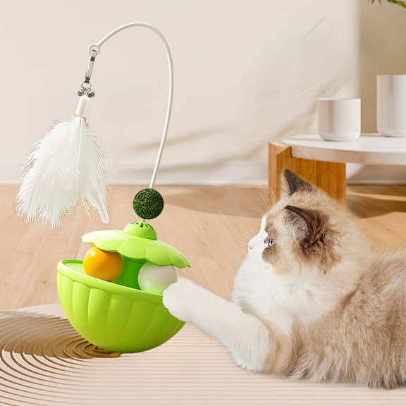 GOFLIC Cat Toy Roly Poly Tumbler Food Dispensing with Feathers Bell Mint Ball, Self-Entertaining Teaser Weighted Bottom Wobble for Hunting Training Exercise