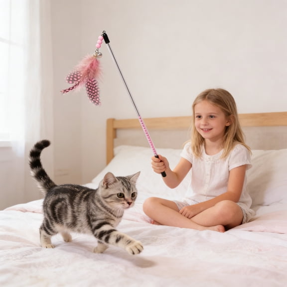 GOFLIC Cat Wand Toy with Feathers Bells, Interactive Teaser Stick for Kittens Adult Cats, Replaceable Feather for Chasing Hunting Exercise Bonding Training