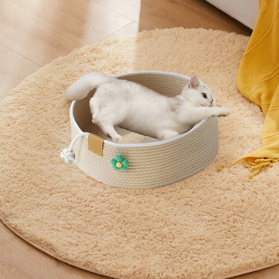 GOFLIC Cotton Rope Woven Cat Bed Basket, Round Pet Sleeping Bed for Small Dogs Cats, 13.8x13.8x5.5 Inch Handmade Scratching Pad Eco Washable Indoor