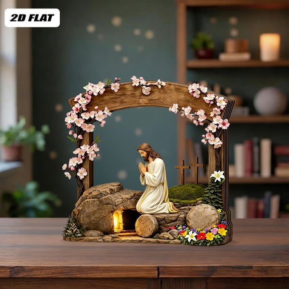 GOFLIC Easter Empty Tomb Wooden Decor Set, He Is Risen Resurrection Scene for Shelf Mantel Tray, Christian Cross Display for Home Office Kitchen, Rustic Farmhouse Style