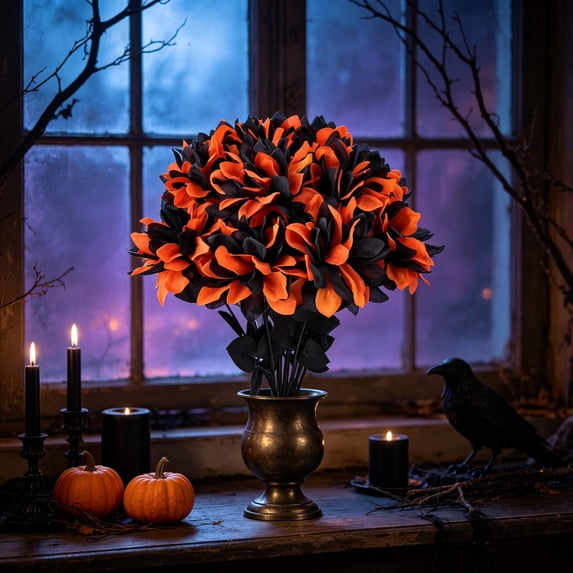 GOFLIC Halloween Black Rose Artificial Flower Arrangement 15.7in 3 Spooky Color Options Silk Fake Flowers with Stalk for Holiday Party Home Vase Gothic Decor 1 Pcs