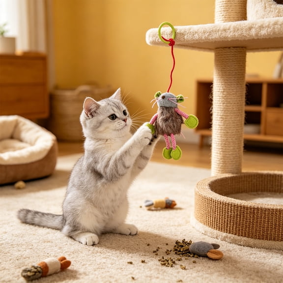 GOFLIC Interactive Cat Toy Pull String Animals Mouse, Self-Amusing Bouncing Plush for Indoor Cats, Elastic Cord Wand Teaser for Hunting Play Home