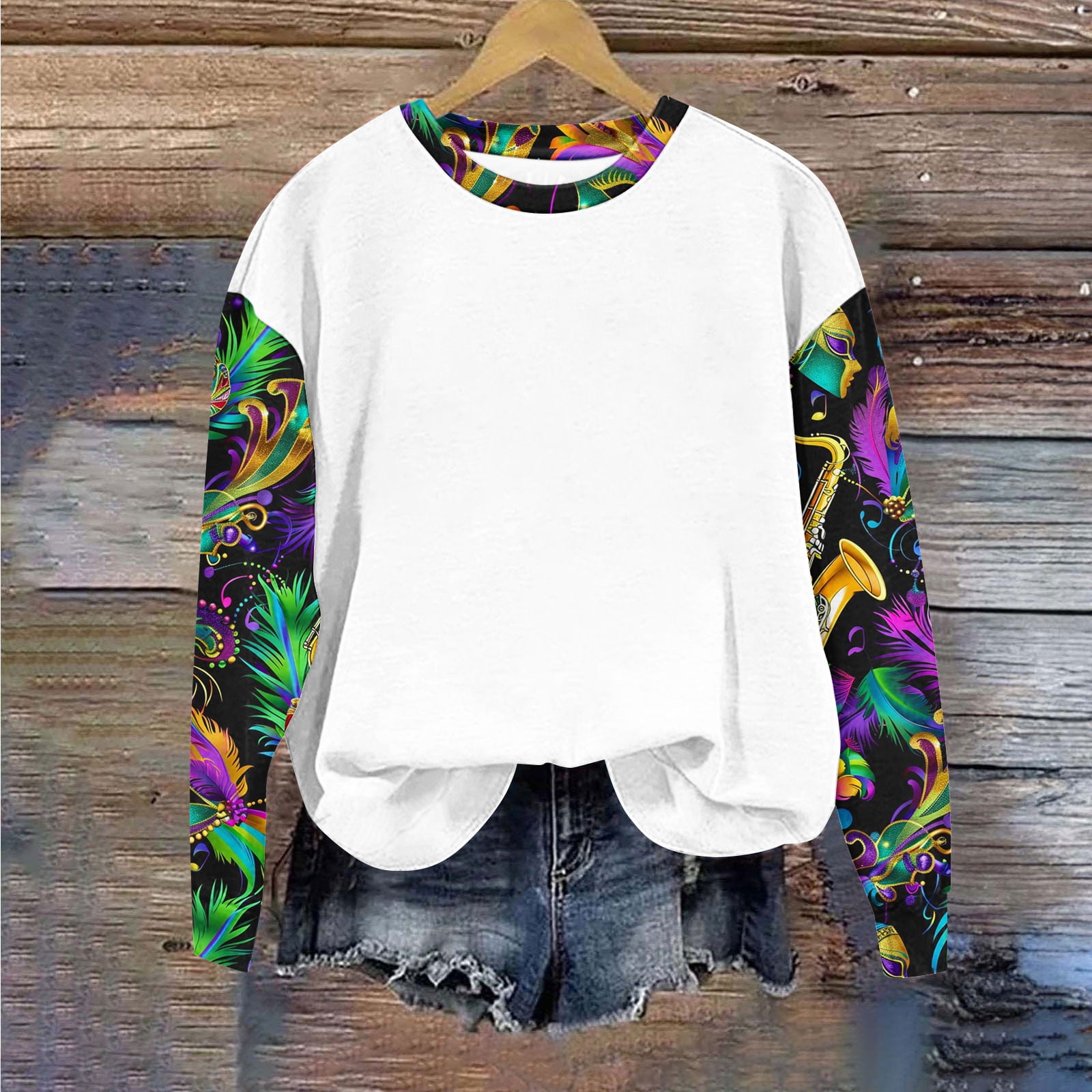 GOFLIC Mardi Gras Shirts for Women 2025 Long Sleeve Mask Print Graphic