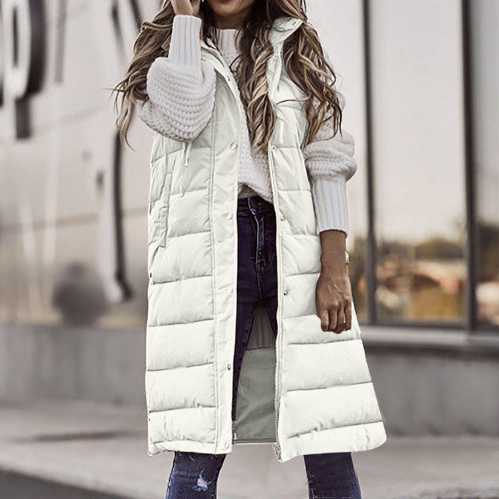 GOFLIC Womens Hooded Puffer Vest Long Down Vest Zipper Puffer