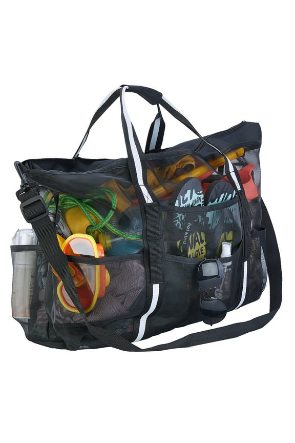 Extra Large Mesh Beach Bags Pool BagsVacation Beach Toy Bag Swimming Bag Packable Beach Bag Mesh Tote Bag for Women and Men, Black