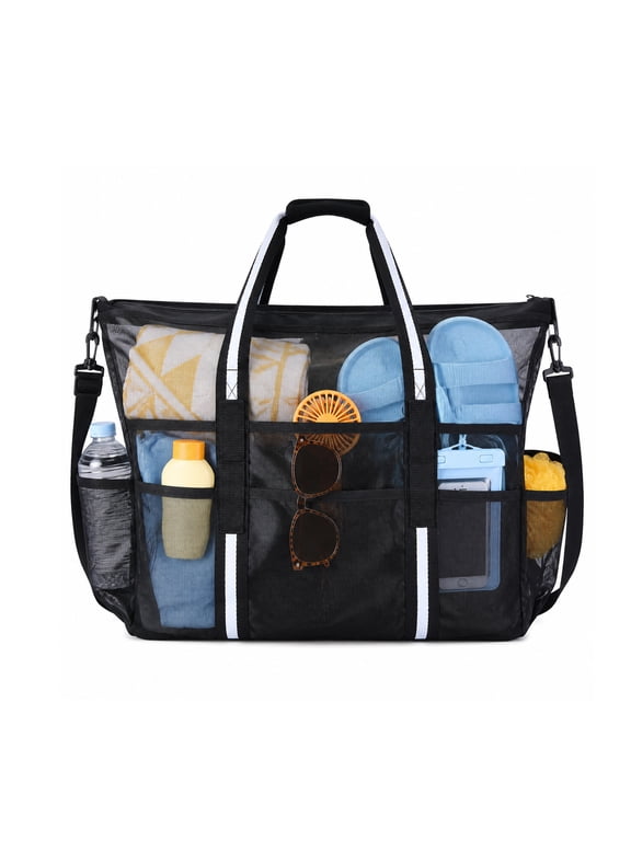 Extra Large Mesh Beach Bags Pool BagsVacation Beach Toy Bag Swimming Bag Packable Beach Bag Mesh Tote Bag for Women and Men, Black