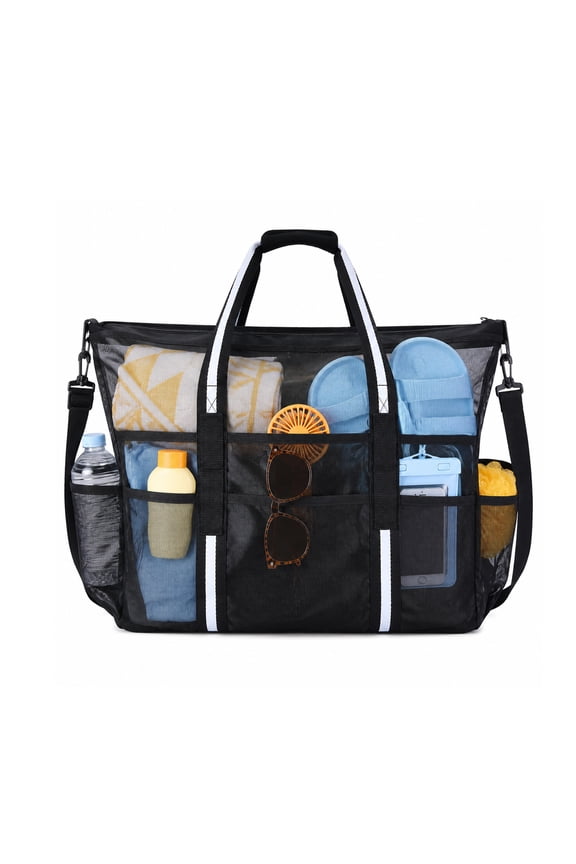 Extra Large Mesh Beach Bags Pool Bags,Vacation Beach Toy Bag Swimming Bag Packable Beach Bag Mesh Tote Bag for Women and Men, Black