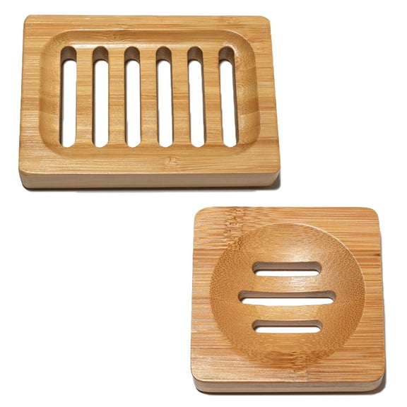 GOGHOST Soap Holder, Bamboo Soap Dish,Rectangle + Square 2 Pack， Trays Self Draining, Soap Saver for Shower, Bathroom, Kitchen(Natural Color)
