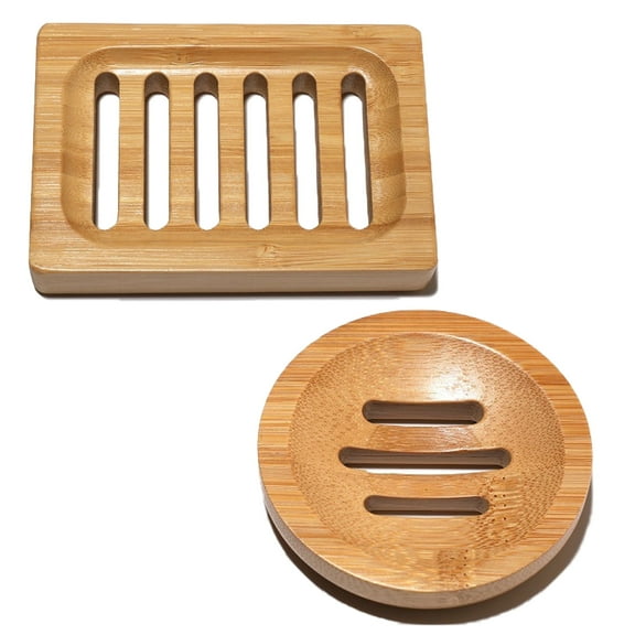 GOGHOST Soap Holder, Bamboo Soap Dish, Rectangular + round 2 Pack， Trays Self Draining, Soap Saver for Shower, Bathroom, Kitchen(Natural Color)