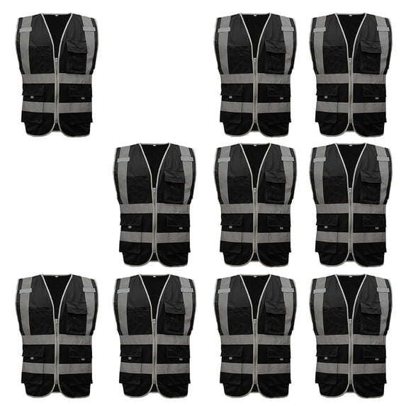 GOGO 10 Packs 9 Pockets High Visibility Zipper Front Safety Vest With Reflective Strips-Black-3XL