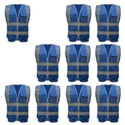 GOGO 10 Packs 9 Pockets High Visibility Zipper Front Safety Vest With Reflective Strips-Blue-XXL