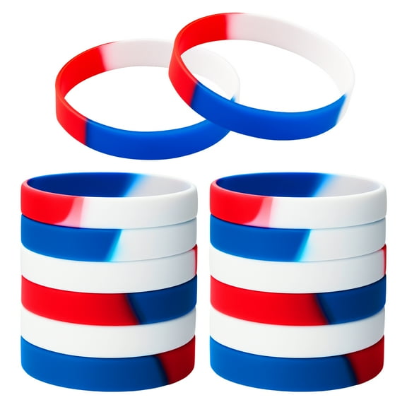 GOGO 12 Pcs Adult Rubber Bracelets, Silicone Wristbands, Party Accessories - Red / White / Blue