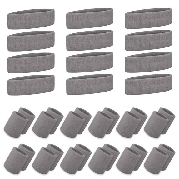 GOGO 12 Sets Sports Sweatband Sets (12 Headbands and 24 Wristbands) Grey